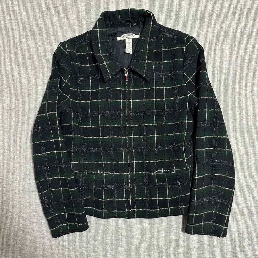 Old Navy Vintage Y2K Green Plaid Wool Blend Full Zip Jacket Womens Size Medium